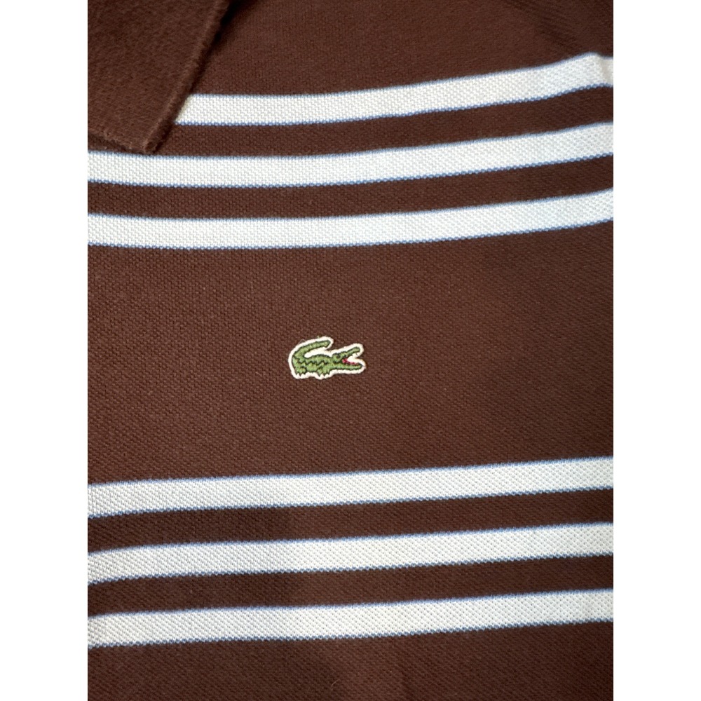 Lacoste Polo Shirt Mens 6 Brown Excellent Long Sleeve Striped Pique Logo - Picture 2 of 4